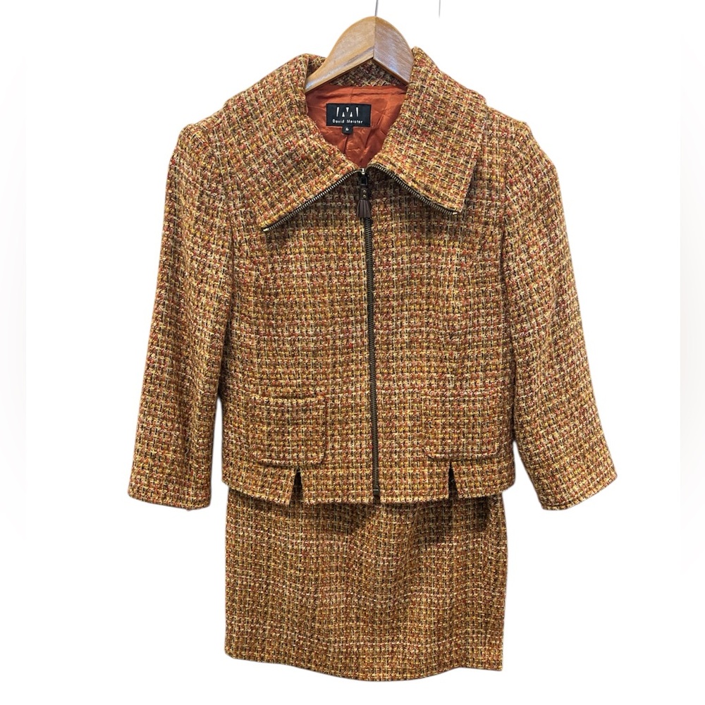 David Meister Orange Tweed Jacket and Skirt Set